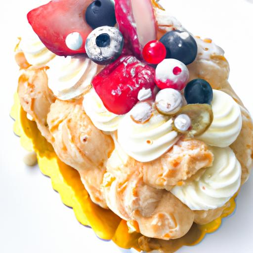 Một chiếc bánh su kem được trang trí tinh tế với những vụn bánh màu sắc và trái cây tươi ngon trên đỉnh.
