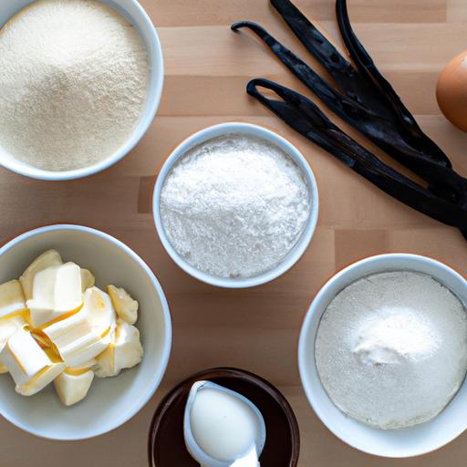 Các nguyên liệu tươi sống bao gồm trứng, bột mì, đường và chiết xuất vani.